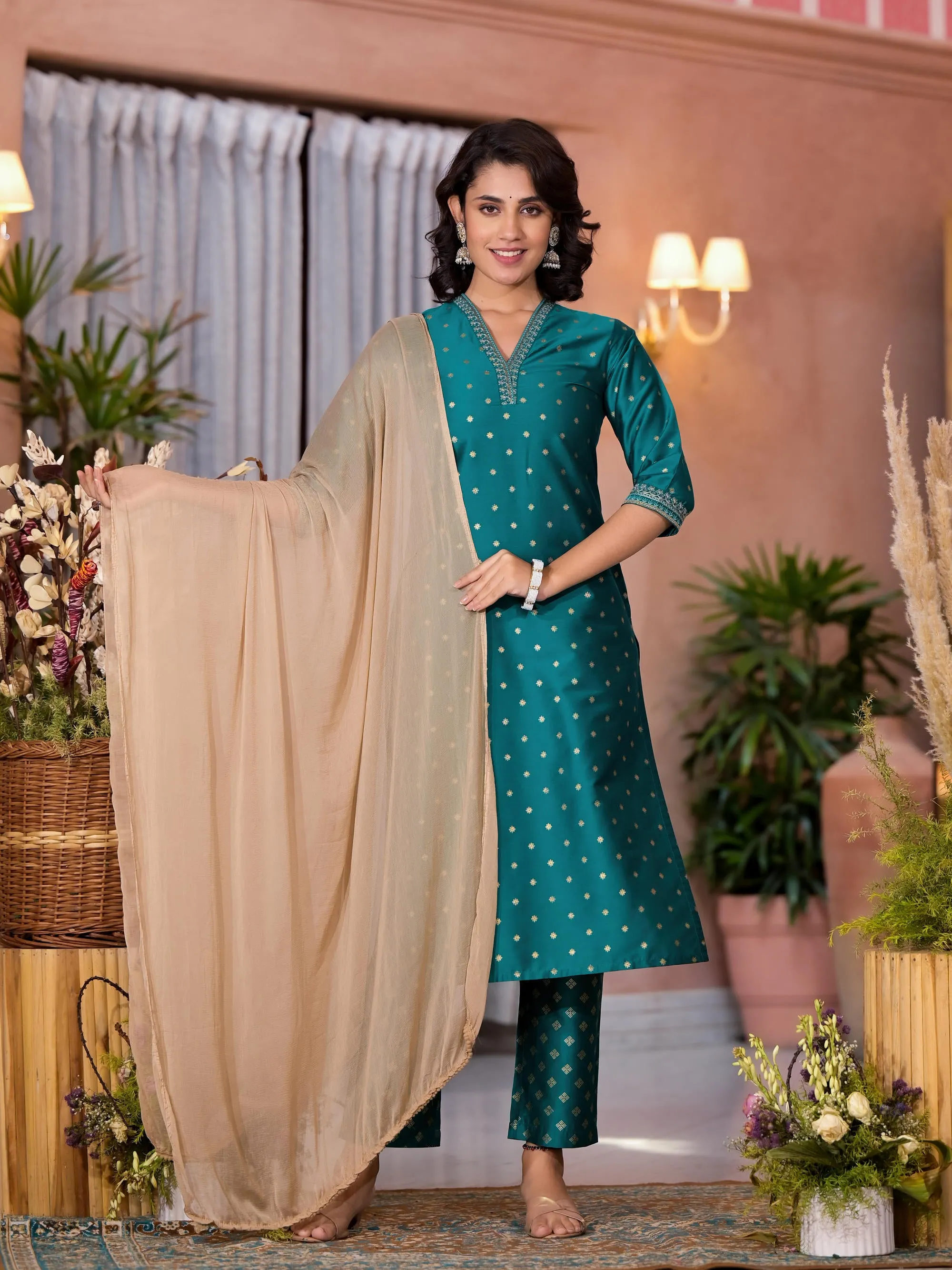 Rama Green Ethnic Motif Printed Cotton Kurta Pant And Dupatta Set With Zari Work