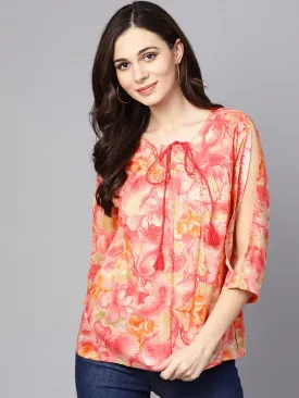 Red & Beige Top With Keyhole Neckline & 3/4 Sleeves