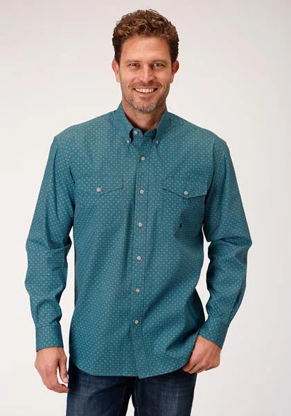 Roper Apparel Teal/Purple Geometric Print Button-Down Shirt for Men