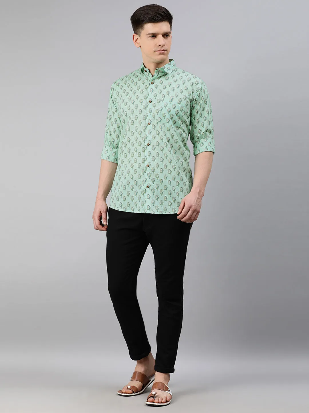 Sea Green Cotton Full Sleeves Shirts For Men-Mmf0247