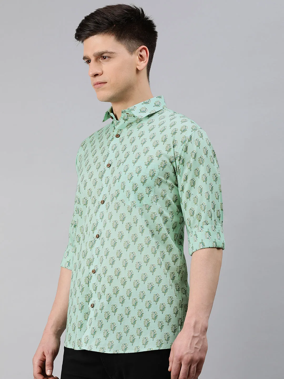 Sea Green Cotton Full Sleeves Shirts For Men-Mmf0247