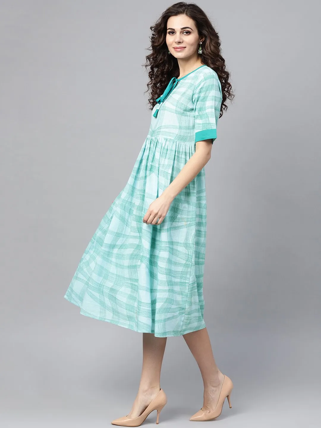 Sky Blue Printed Round Neck With Keyhole Half Sleeve Dress