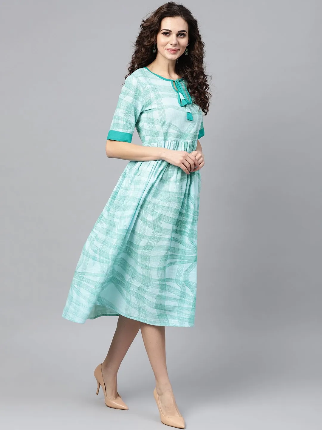 Sky Blue Printed Round Neck With Keyhole Half Sleeve Dress