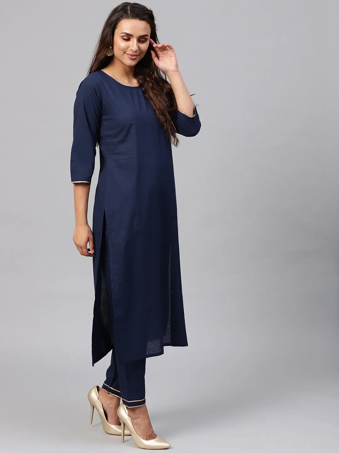 Solid Navy Blue Kurta Set With Pants & Printed Dupatta