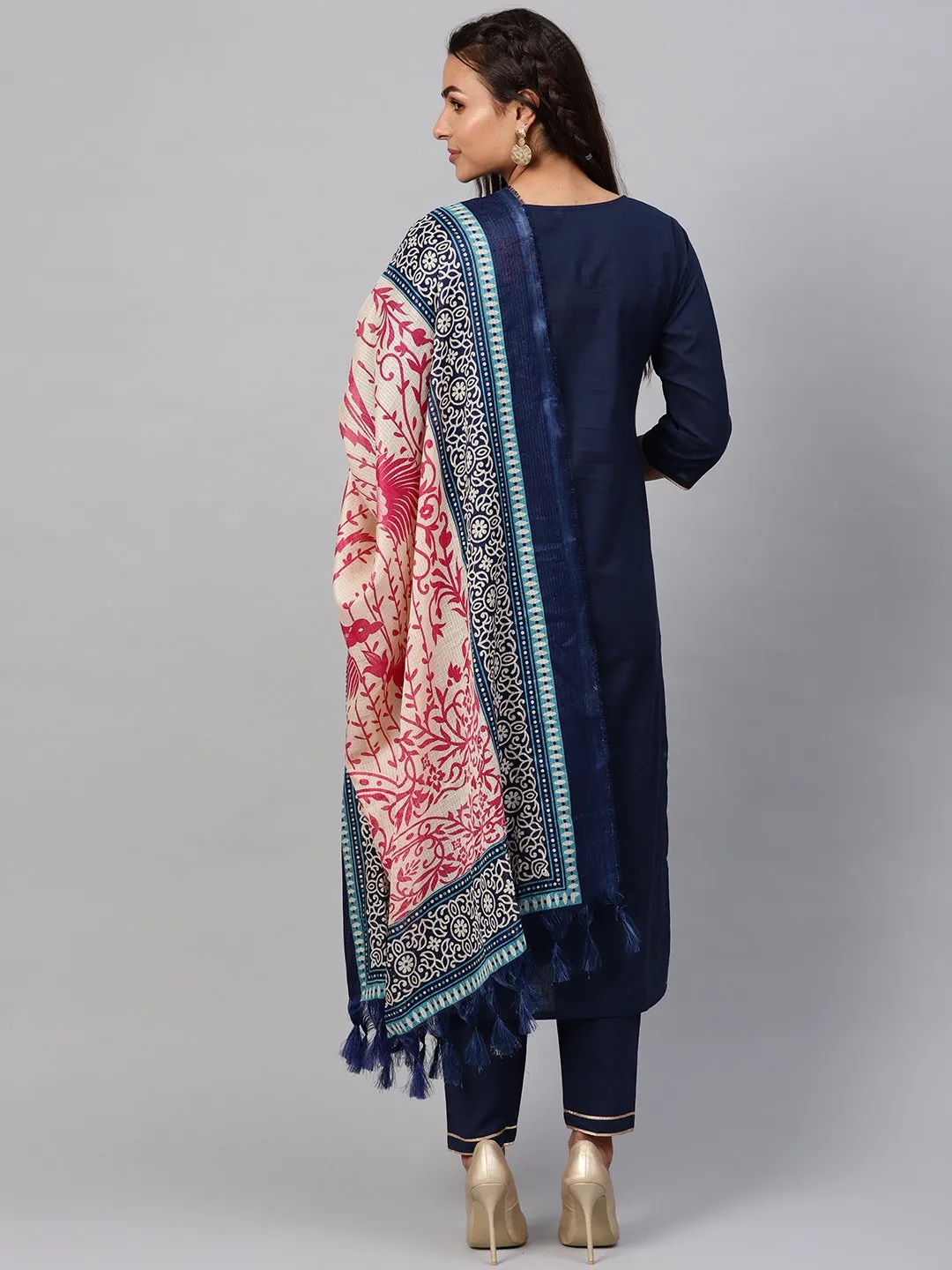 Solid Navy Blue Kurta Set With Pants & Printed Dupatta