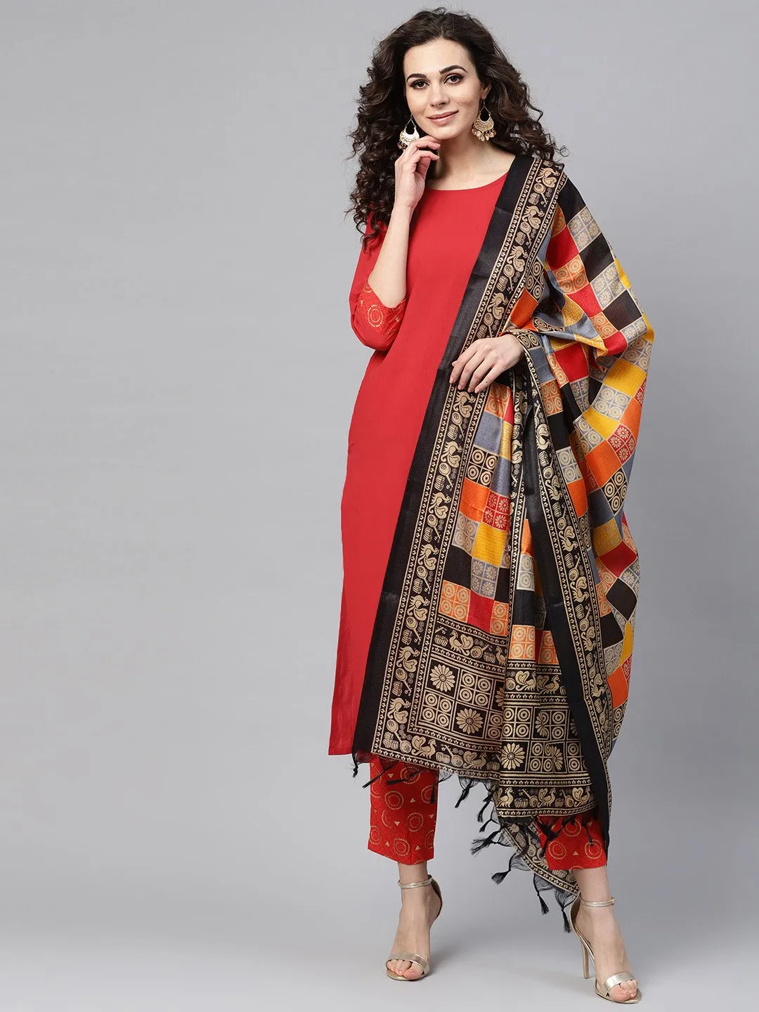 Solid Red Kurta Set With Gold Printed Pants With Multi Colored Bhagalpuri Dupatta