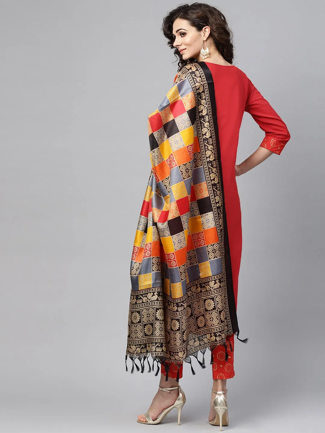 Solid Red Kurta Set With Gold Printed Pants With Multi Colored Bhagalpuri Dupatta