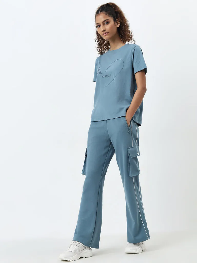 Studiofit Blue High-Rise Cotton Blend Track Pants