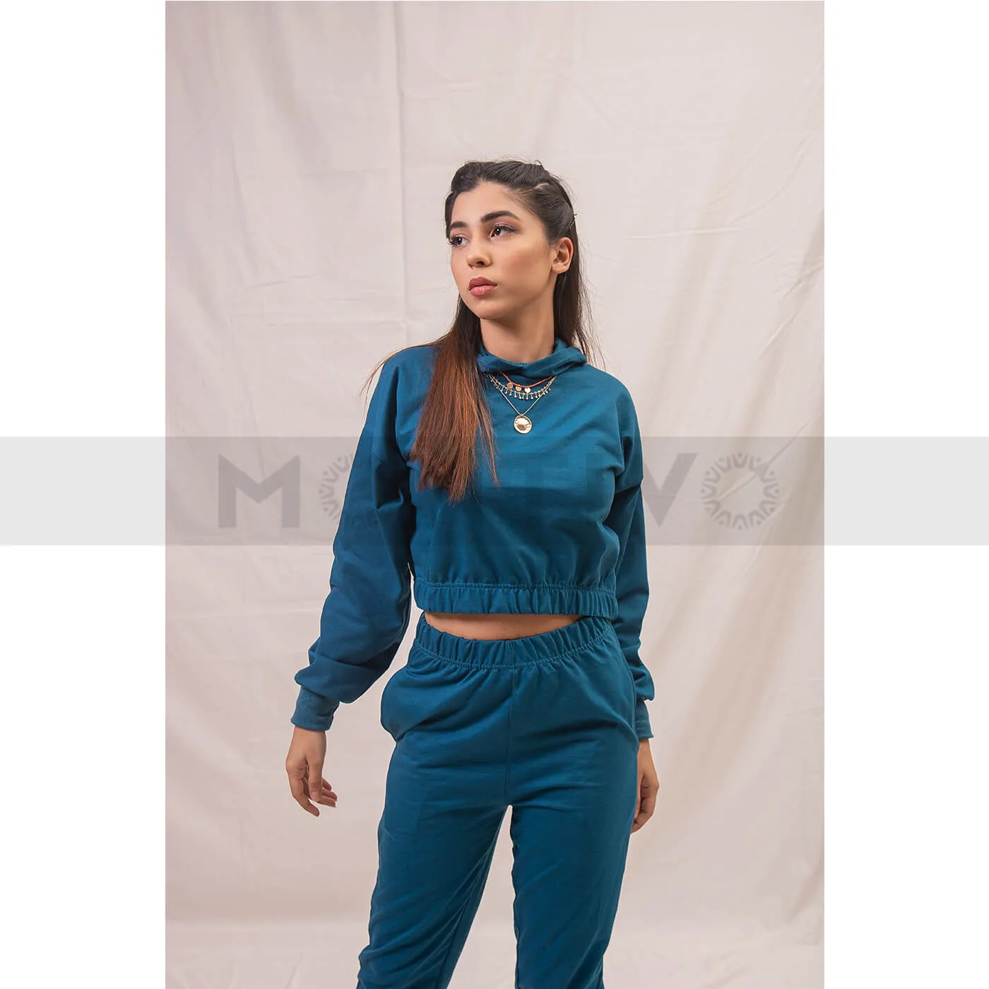 Teal Blue Oversized Cropped Hoodie