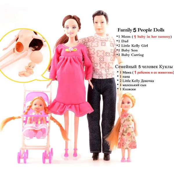 UCanaan Toys Family 5 People Dolls Suits 1 Mom /1 Dad /2 Little Kelly Girl /1 Baby Son/1 Baby Carriage Real Pregnant Doll Gifts