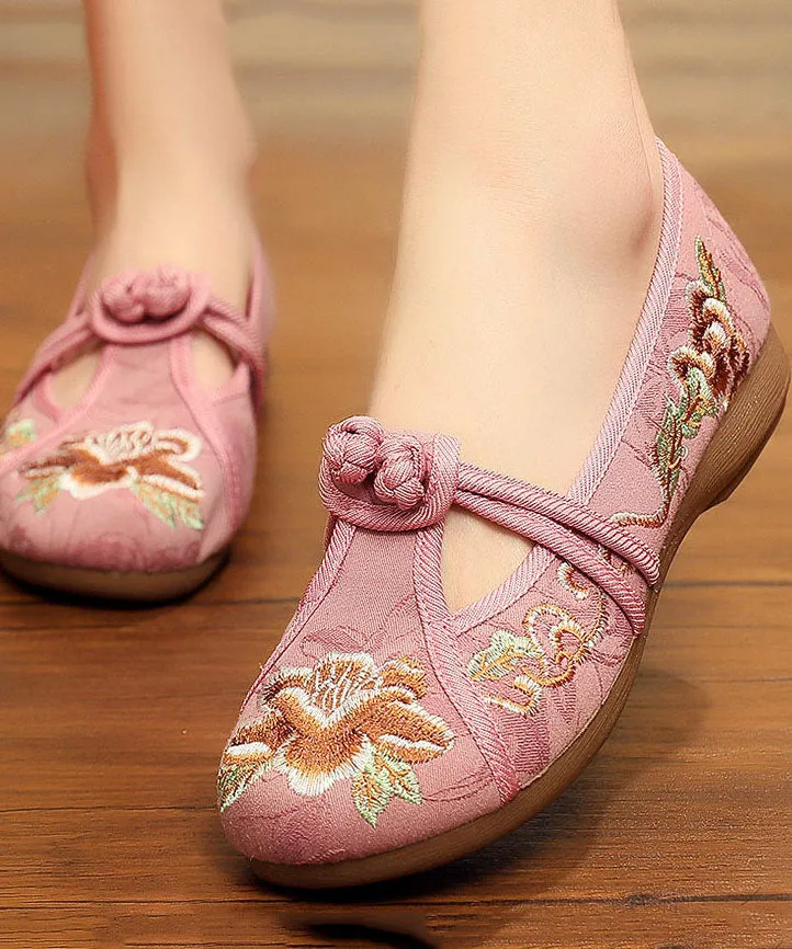 Vintage Embroideried Flat Shoes For Women Grey Cotton Fabric Chinese Button