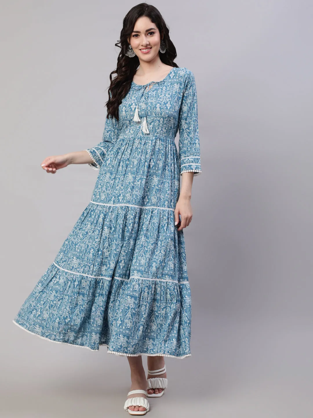 Wome Blue Ethinc Printed Tired Dress With Tie Up Neck