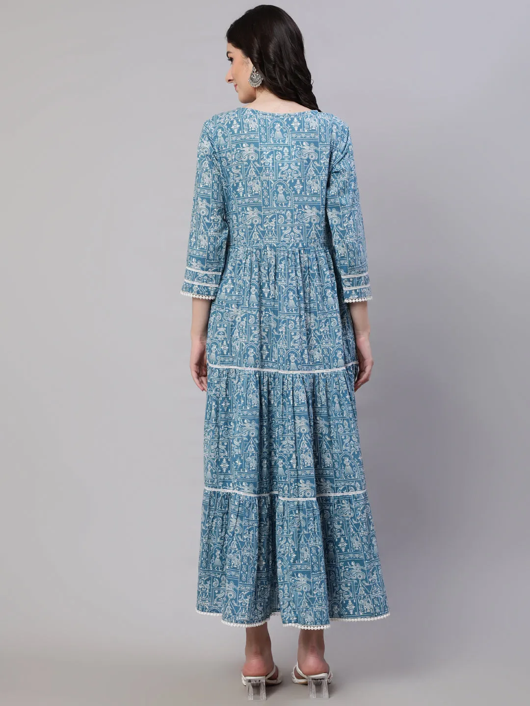 Wome Blue Ethinc Printed Tired Dress With Tie Up Neck