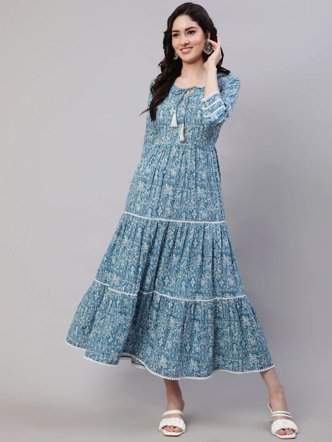 Wome Blue Ethinc Printed Tired Dress With Tie Up Neck