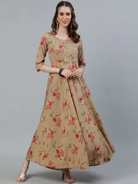 Women Beige Printed Maxi Dress With Three Quarter Sleeves