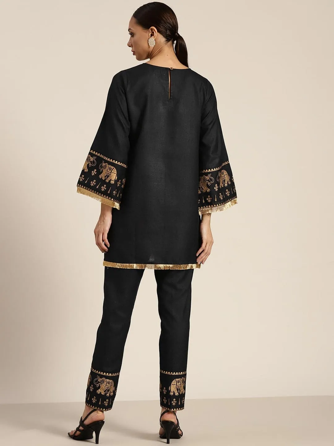 Women Black Foil Elephant Border Kurta With Pencil Pants