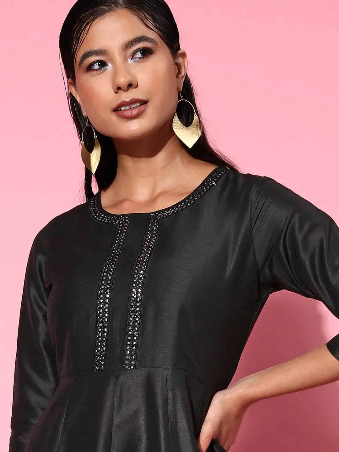 Women Black Mirror Embroidered Anarkali Kurta With Pants