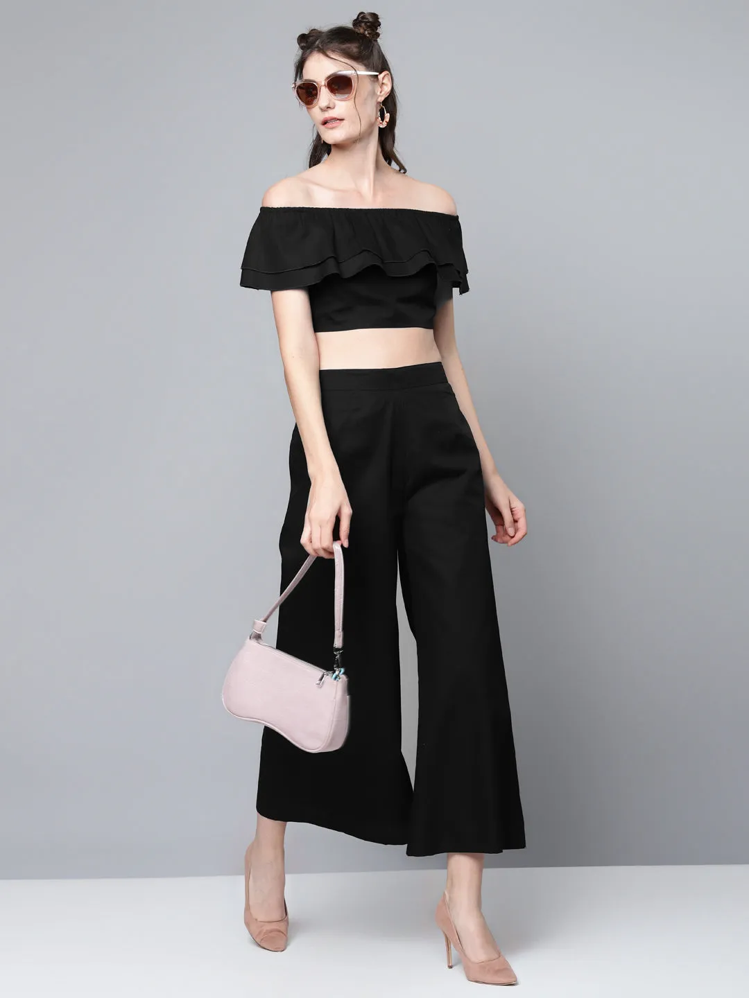 Women Black Poplin Wide Leg Pants