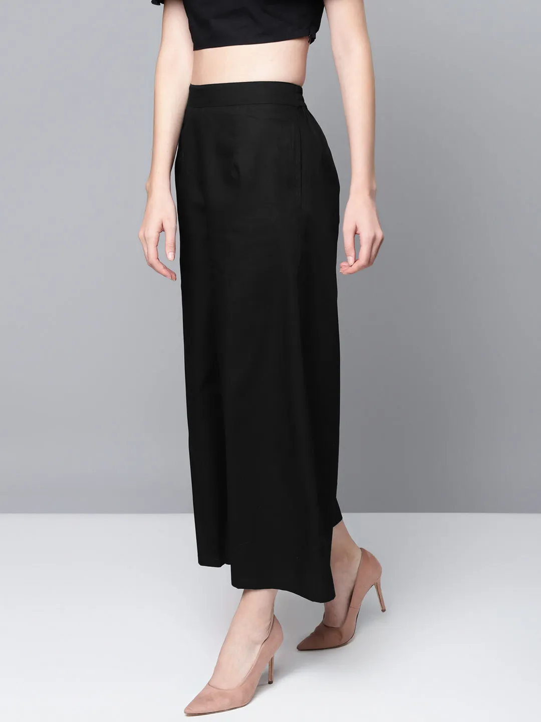 Women Black Poplin Wide Leg Pants