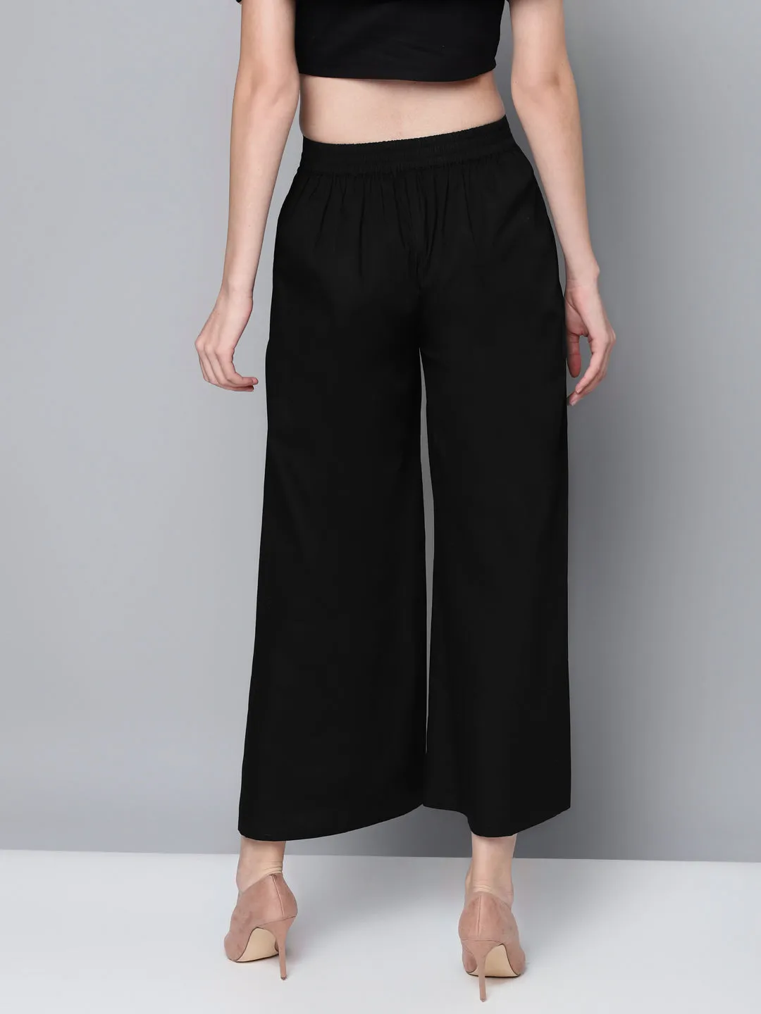 Women Black Poplin Wide Leg Pants