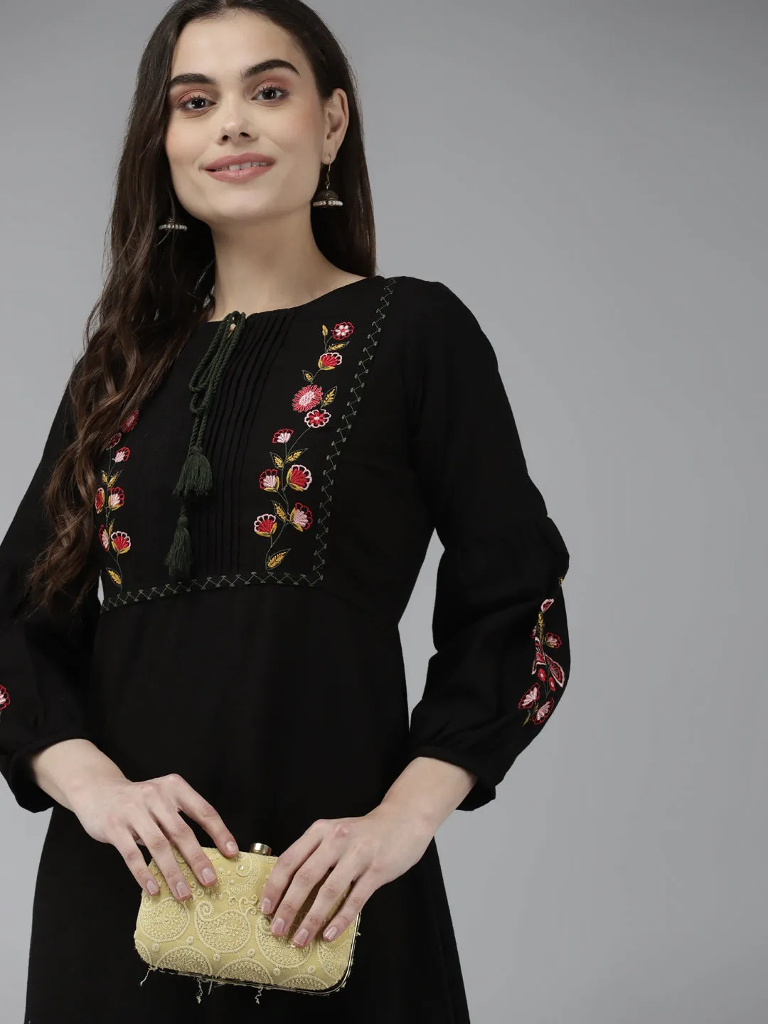 Women Black Pure Cotton Floral Embroidered A-Line Dress