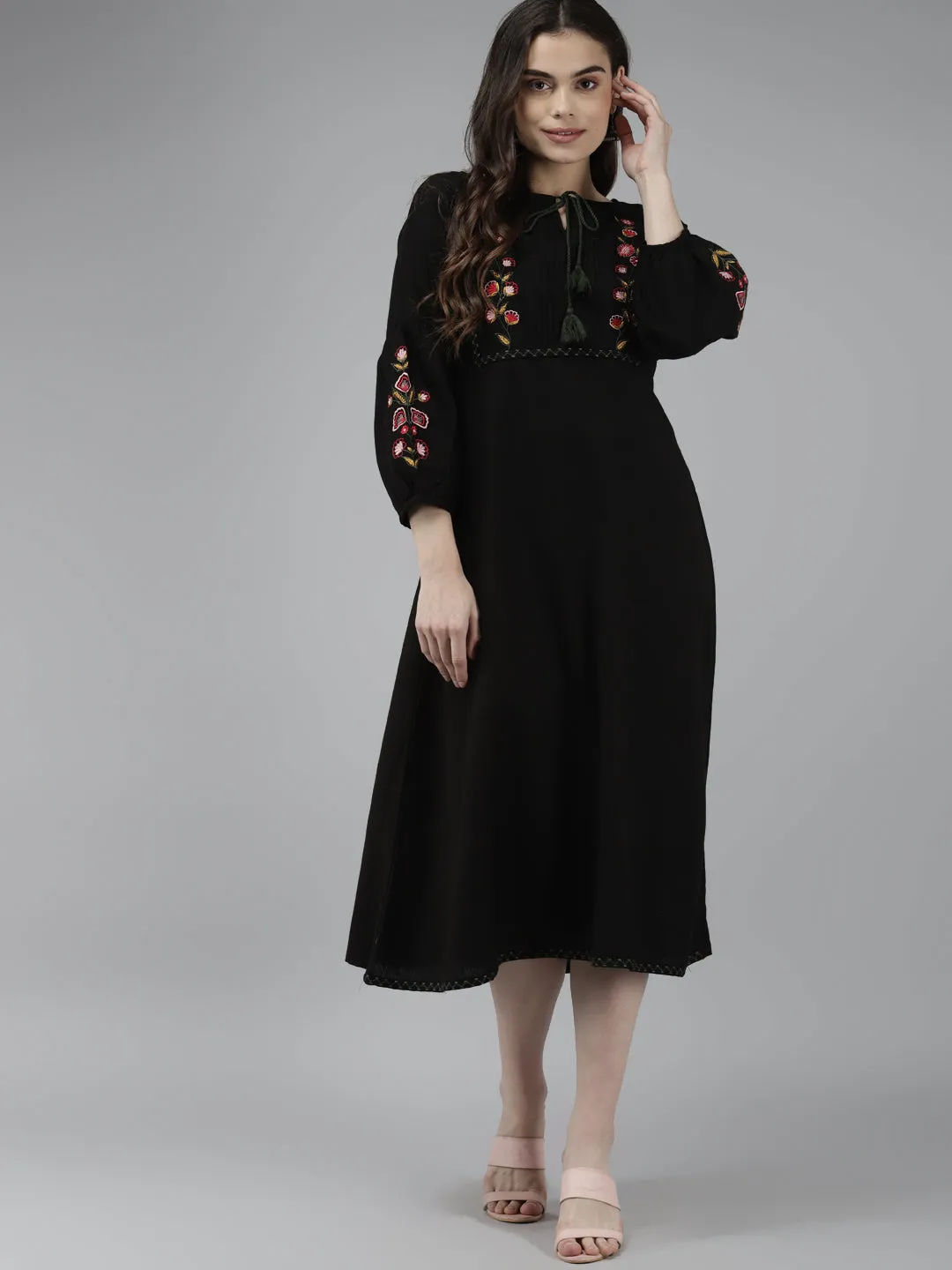 Women Black Pure Cotton Floral Embroidered A-Line Dress