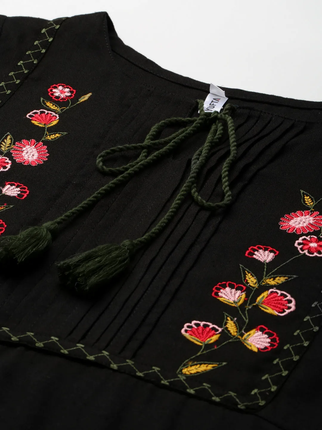 Women Black Pure Cotton Floral Embroidered A-Line Dress