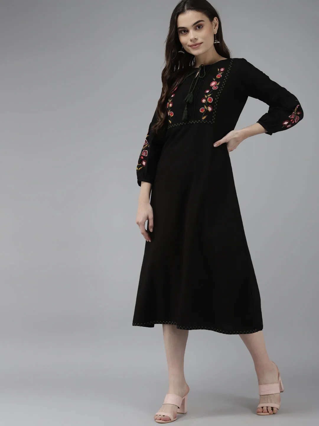 Women Black Pure Cotton Floral Embroidered A-Line Dress