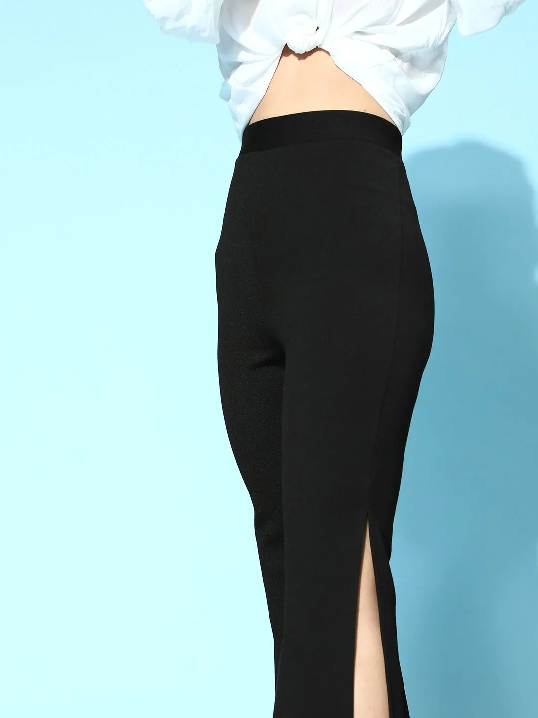 Women Black Side Slit Peekaboo Bell Bottom Pants