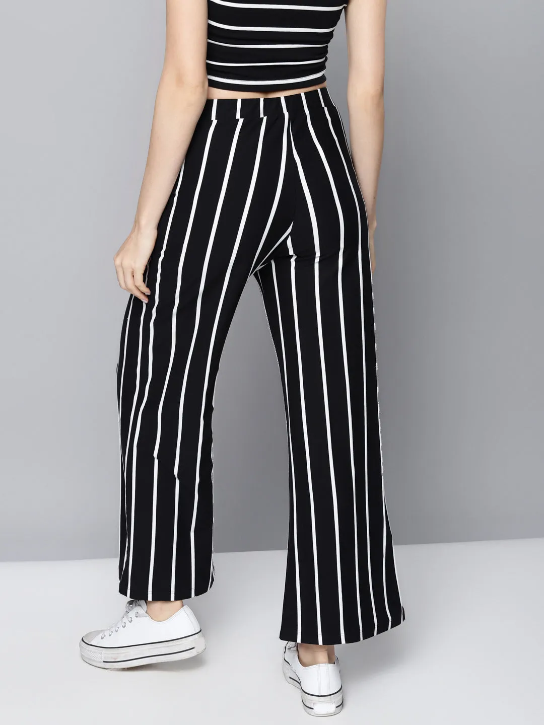 Women Black Stripes Drawstring Wide Leg Pants