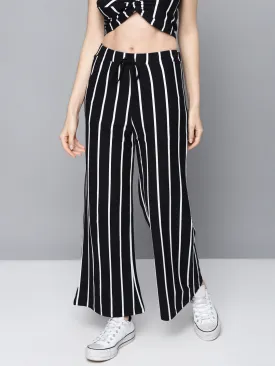 Women Black Stripes Drawstring Wide Leg Pants