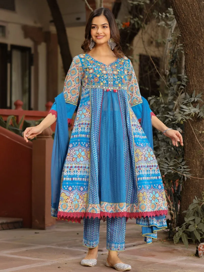 Women Blue Cotton Cambric & Net Floral Print With Embroidery Flared Kurta Set