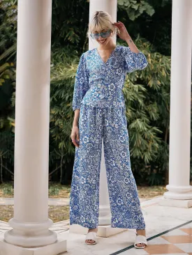 Women Blue Floral Wrap Top With Palazzos