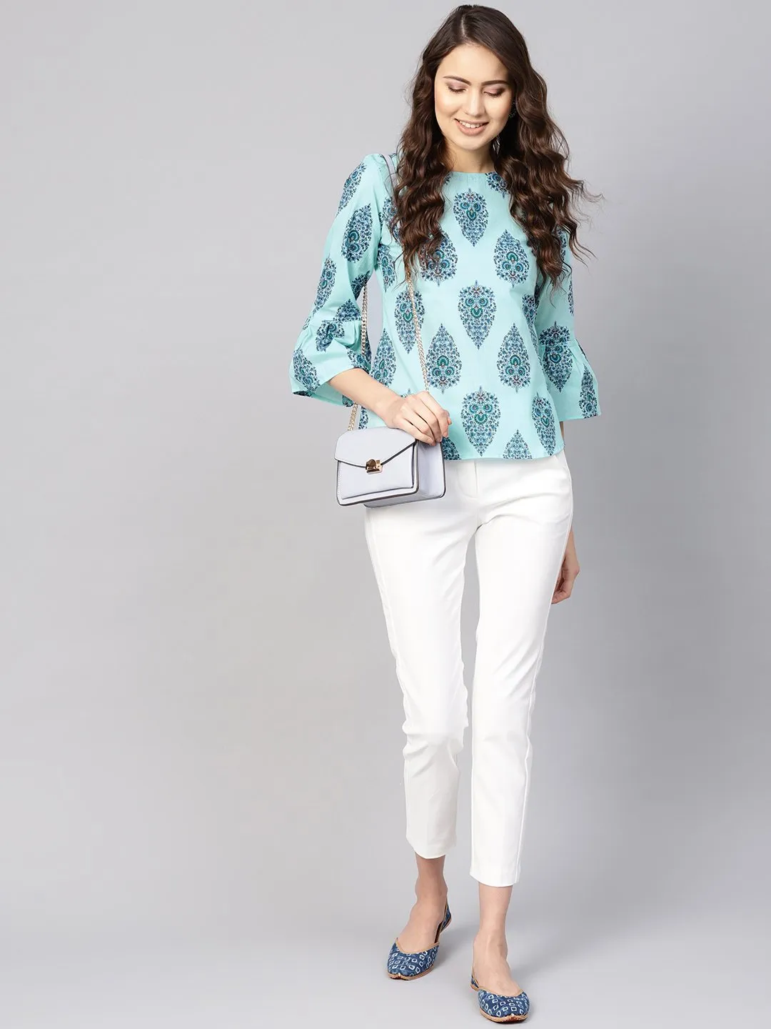 Women Blue Printed Regular Top