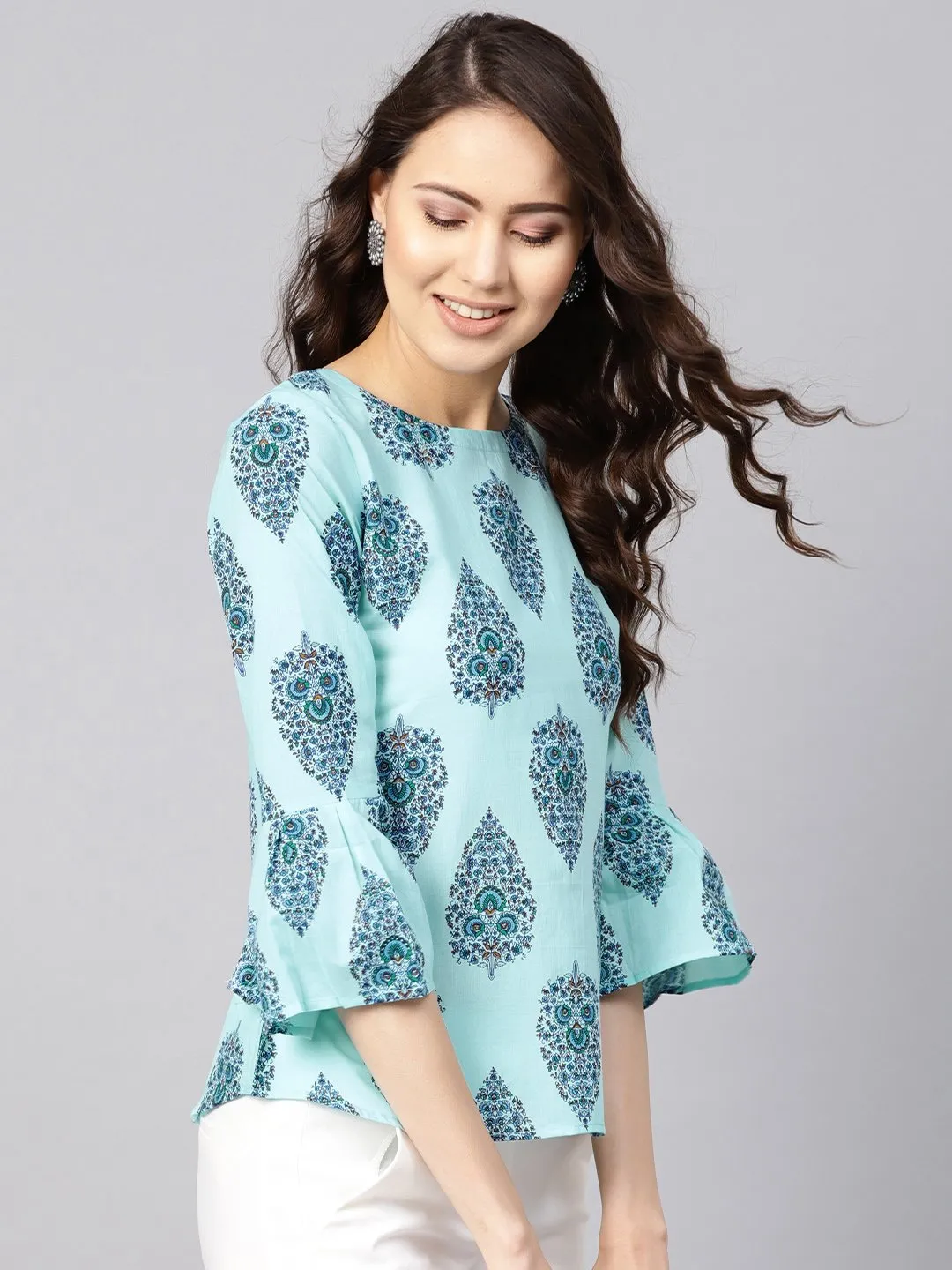 Women Blue Printed Regular Top