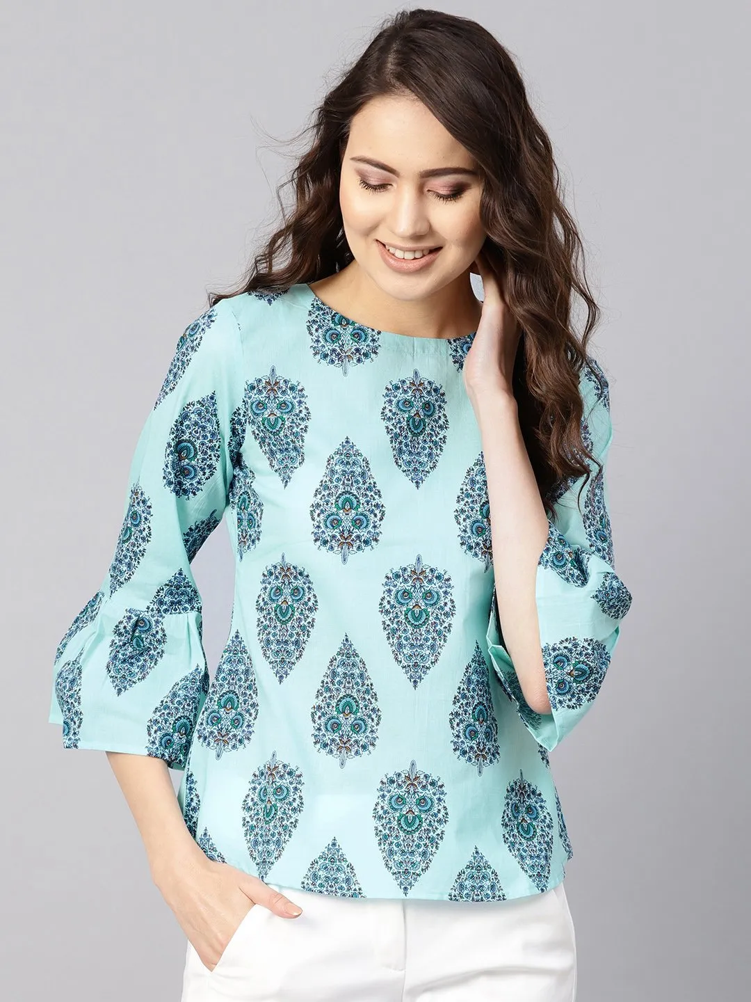 Women Blue Printed Regular Top