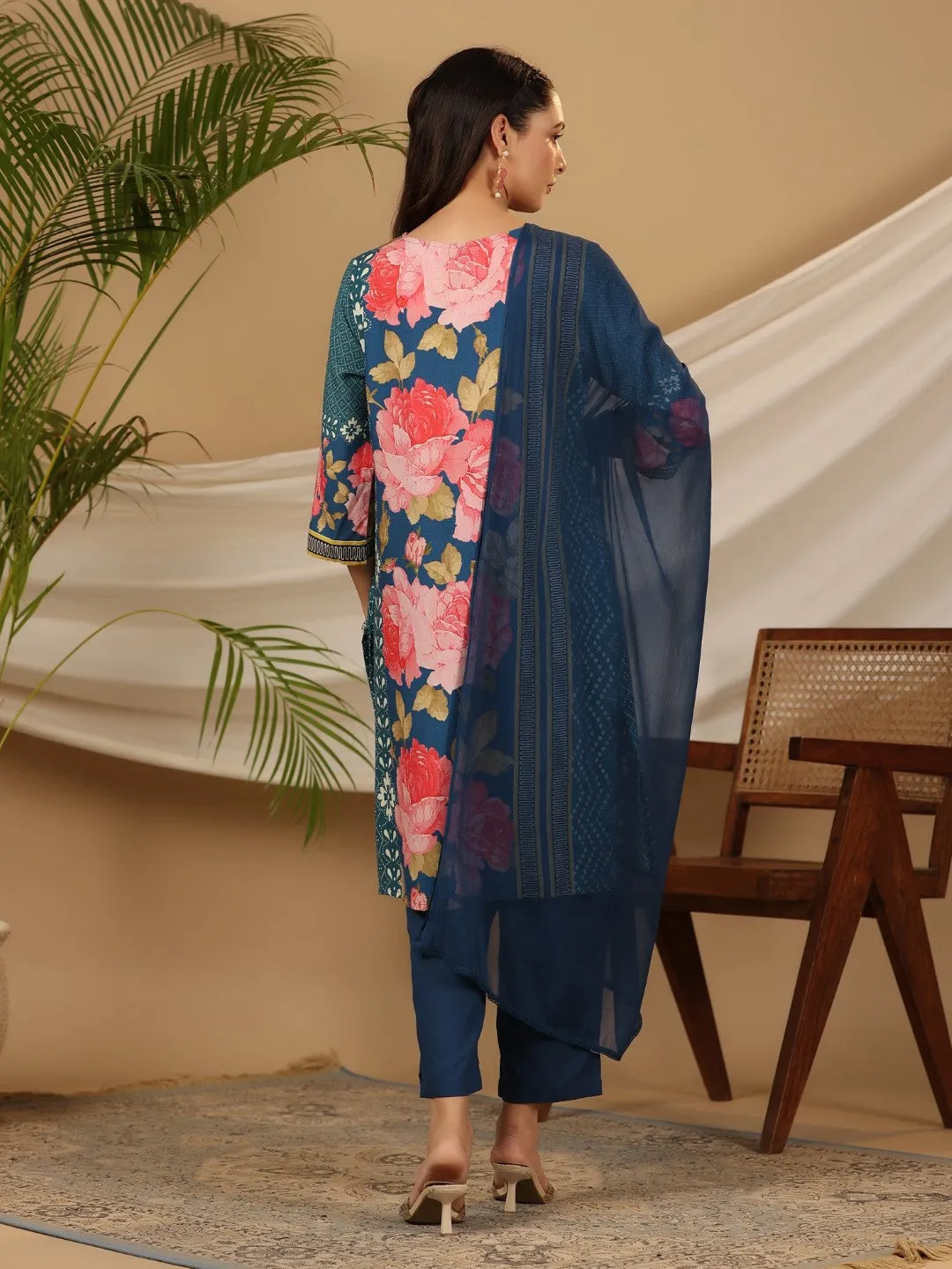 Women Blue Rayon Floral Kurta Set With Dupatta