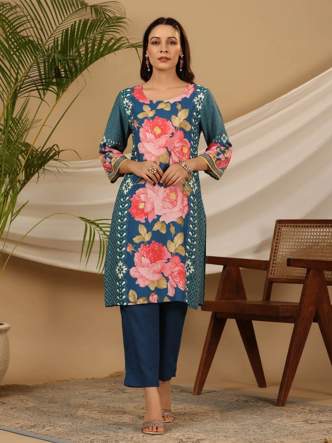 Women Blue Rayon Floral Kurta Set With Dupatta