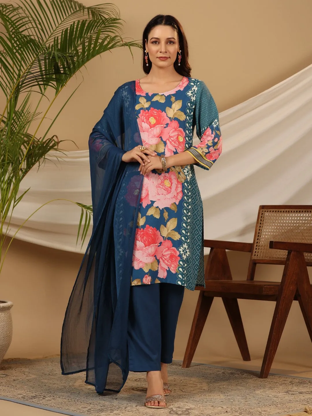 Women Blue Rayon Floral Kurta Set With Dupatta