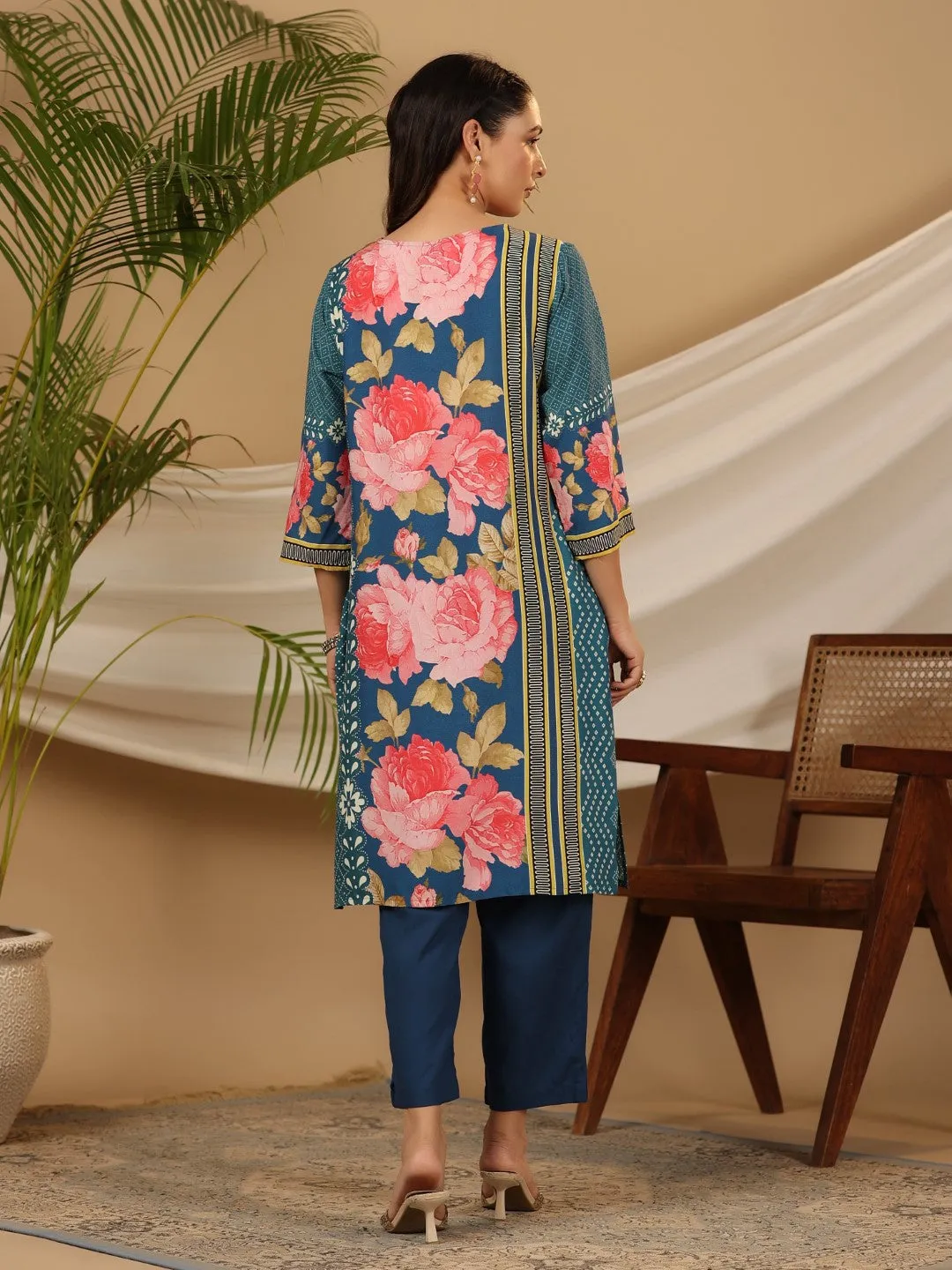 Women Blue Rayon Floral Kurta Set With Dupatta