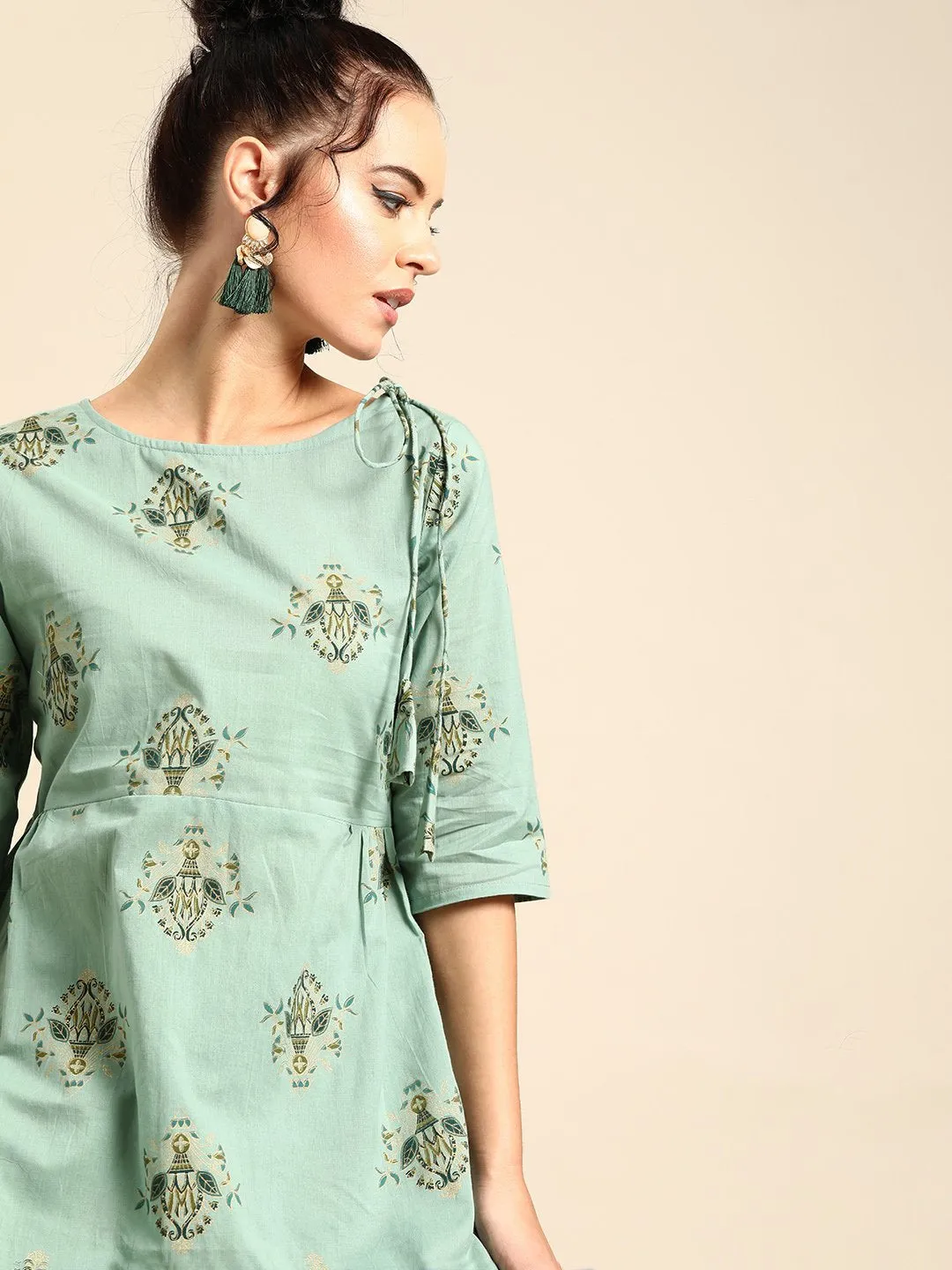 Women Blue Three-Quarter Sleeves Asymmetric Peplum Kurta With Dhoti Pants