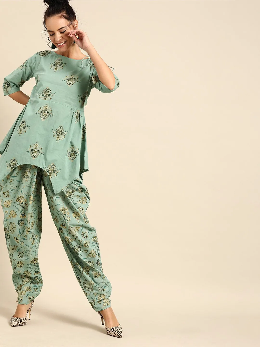 Women Blue Three-Quarter Sleeves Asymmetric Peplum Kurta With Dhoti Pants