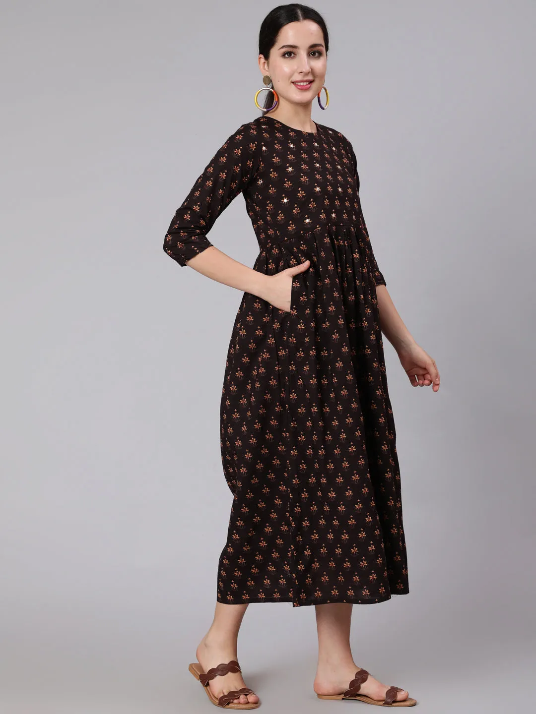 Women Brown Embroidred Flared Dress With Three Quarter Sleeves