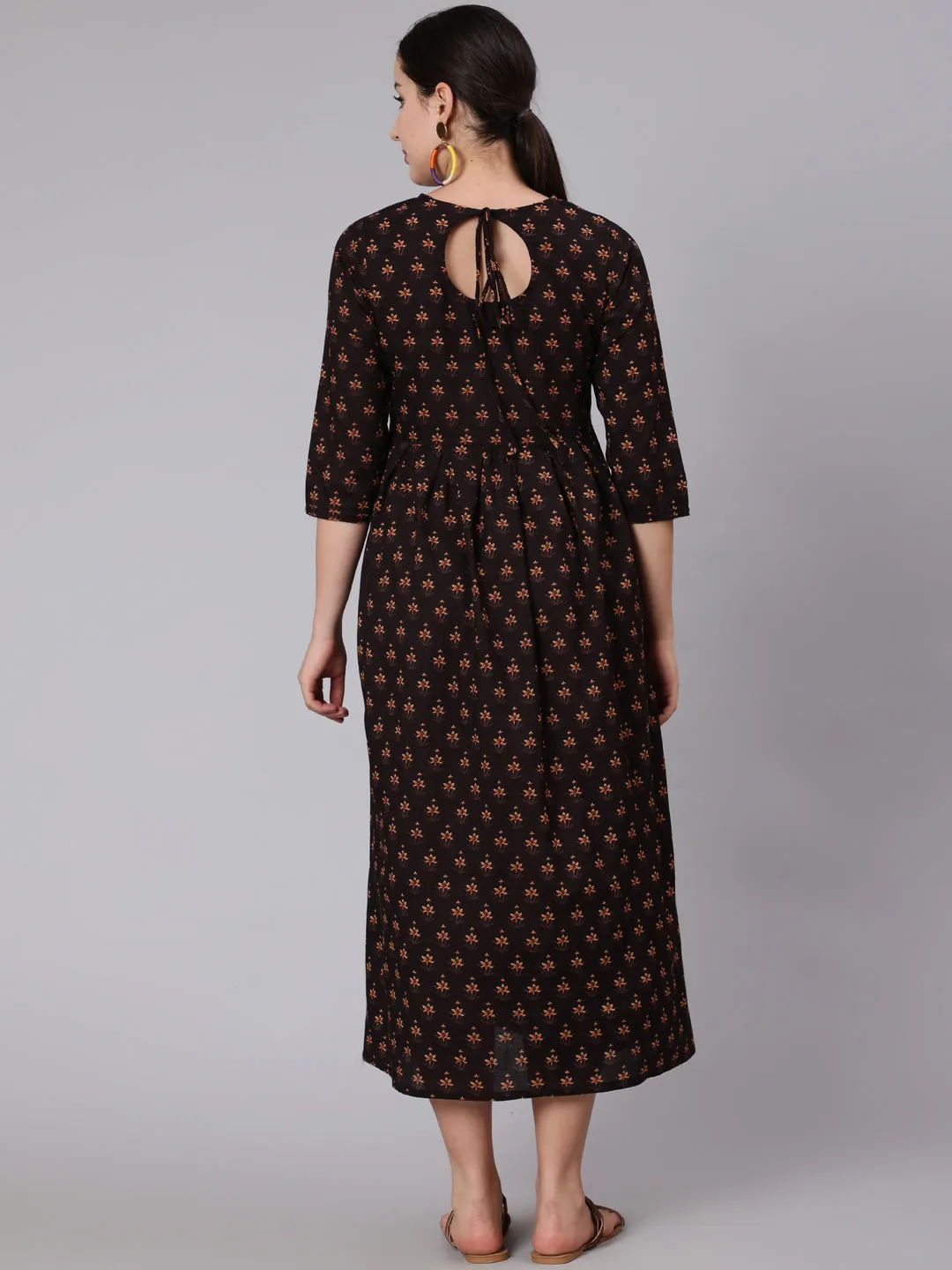 Women Brown Embroidred Flared Dress With Three Quarter Sleeves