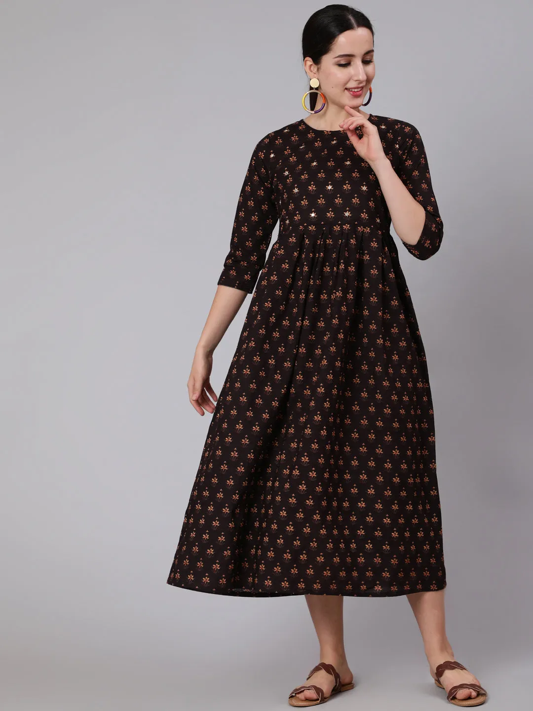 Women Brown Embroidred Flared Dress With Three Quarter Sleeves