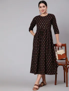 Women Brown Embroidred Flared Dress With Three Quarter Sleeves