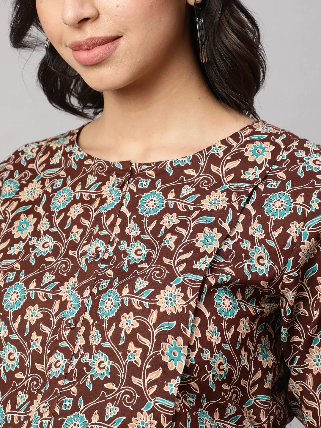 Women Brown Floral Printed Flared Maternity Dress