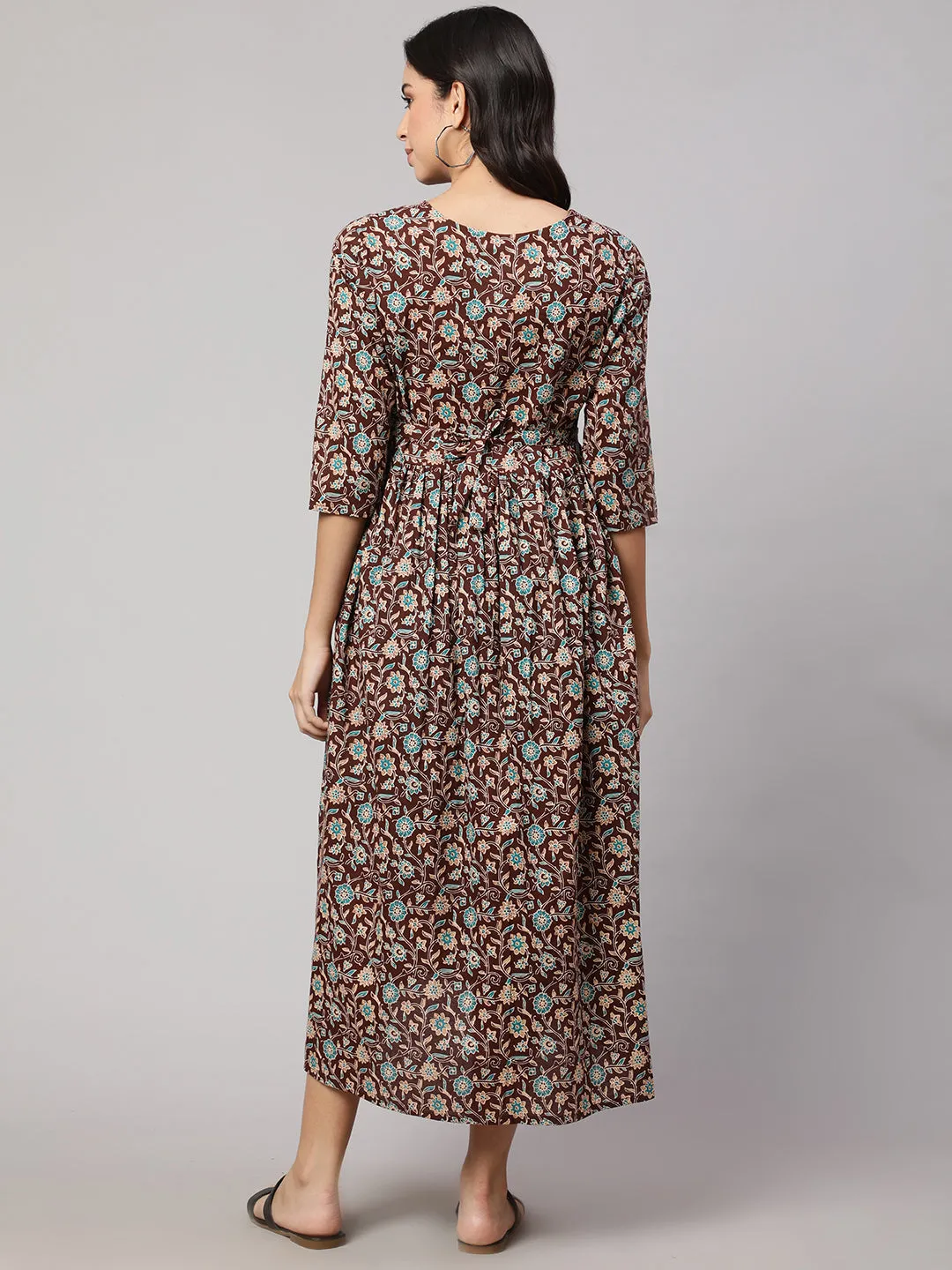 Women Brown Floral Printed Flared Maternity Dress