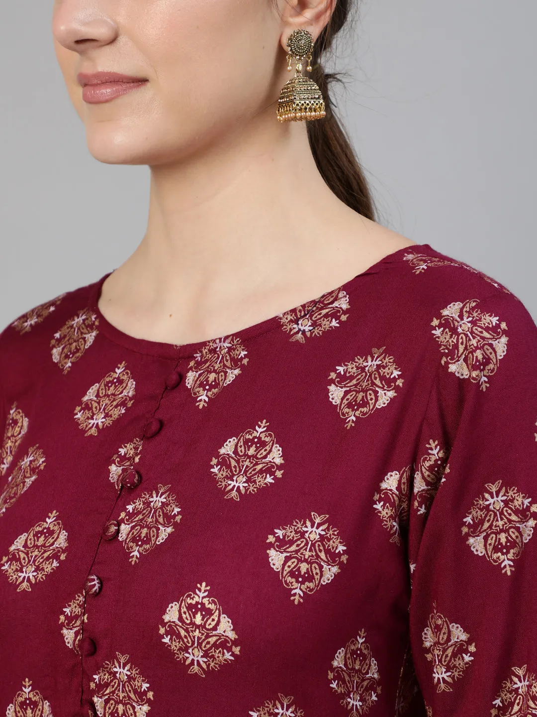 Women Burgundy Ethnic Printed Dress With Three Quarter Sleeves