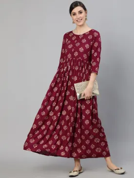 Women Burgundy Ethnic Printed Dress With Three Quarter Sleeves